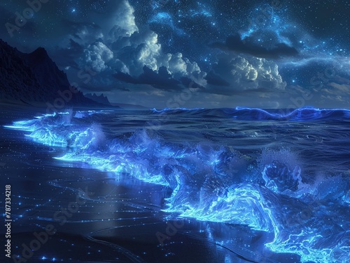 Bioluminescent waves crashing against a dark beach under a starlit sky   3D style