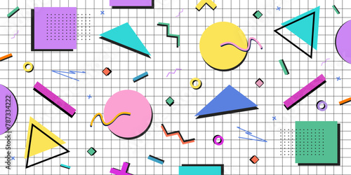 Bright geometric background. Retro 90s, 80s style transparent vector illustration. Multicolored memphis style shapes and elements.