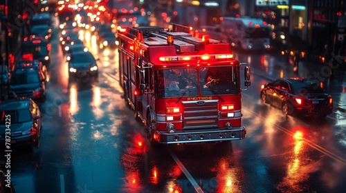 Red fire trucks, with flashing lights and sirens, rush along the night road, rushing to a call