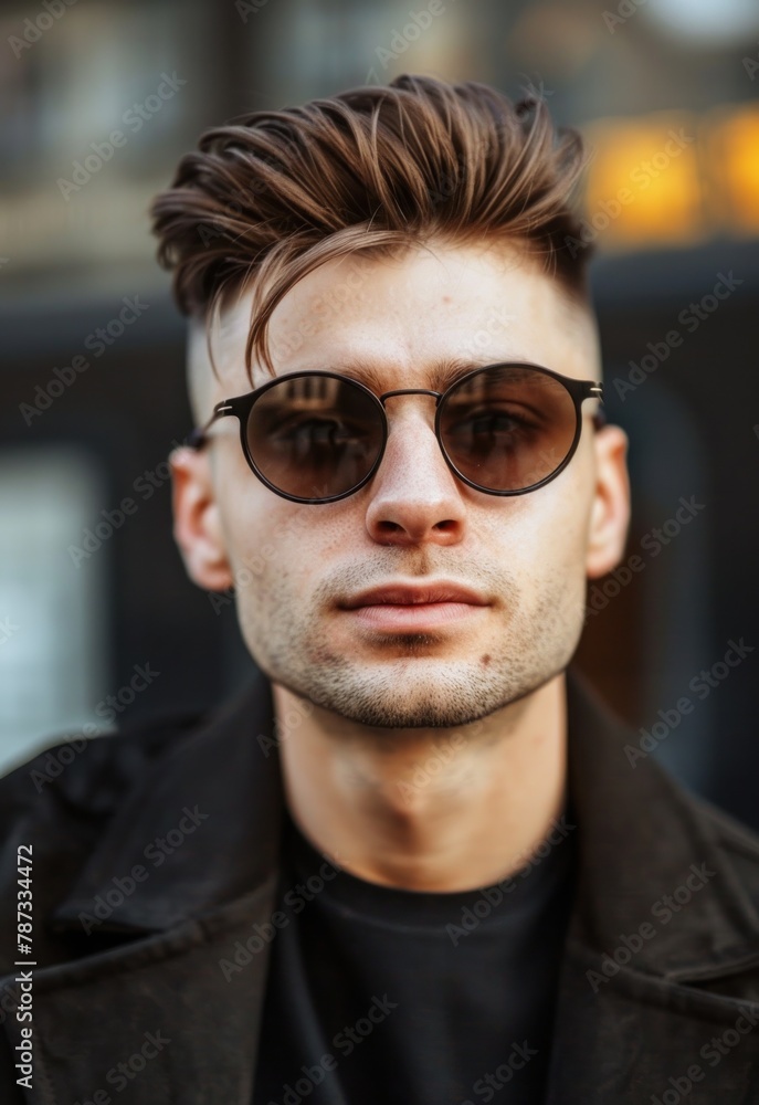 A close-up portrait of a man with trendy sunglasses and a stylish haircut. A close-up portrait of a man with trendy sunglasses and a stylish haircut.