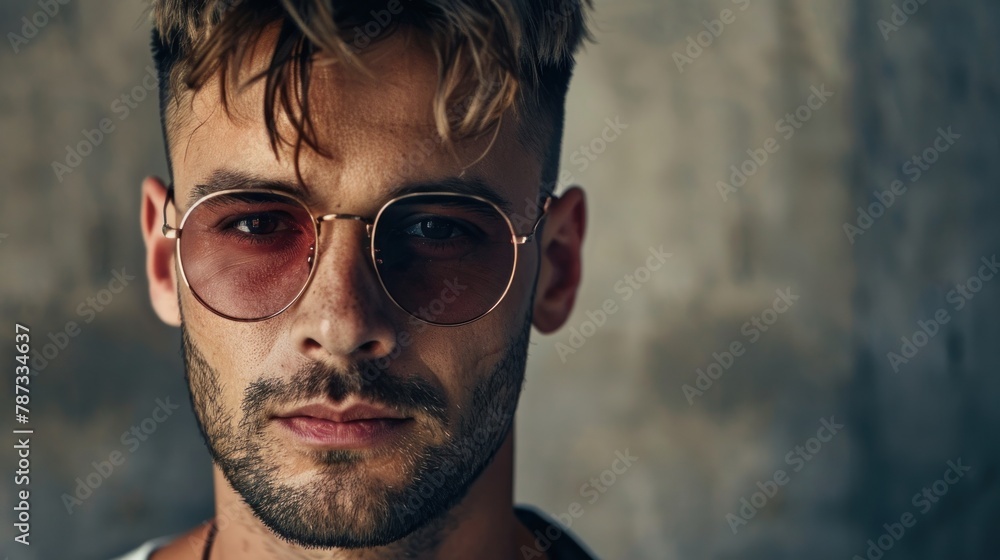 Obraz premium A close-up portrait of a man with trendy sunglasses and a stylish haircut.