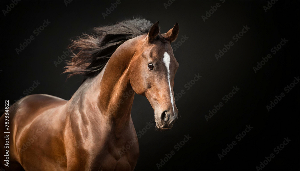 Beautiful horse portrait - brown stallion in motion on black background