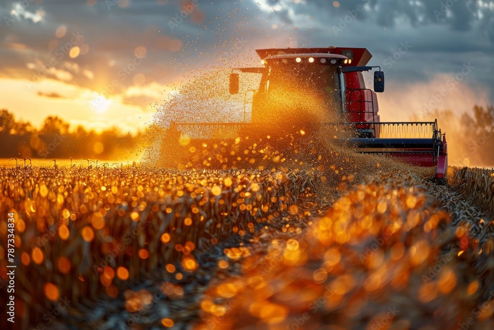 A harvesting combine actively working the fields, sending up a spray of crop at sunset A harvesting combine actively working the fields, sending up a spray of crop at sunset