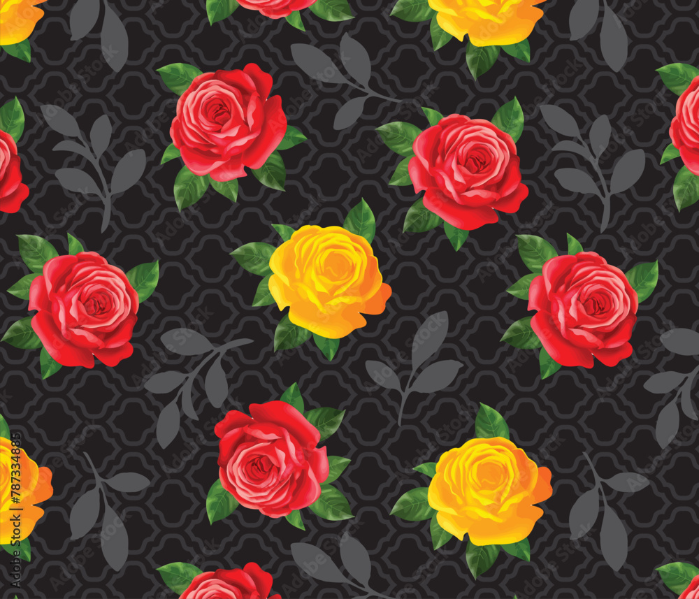 Colorful roses and leaves pattern on deep motif background