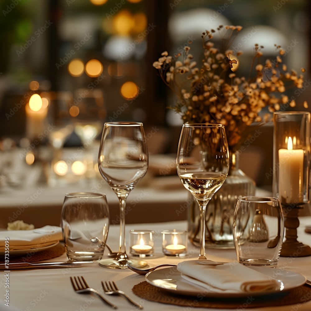 Luxury table setting, fancy glassware in restaurant Luxury table setting, fancy glassware in restaurant