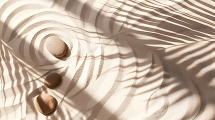 Zen garden meditation sandy background for relaxation Lines drawing in sand and shadows of palm leaves Concept of harmony balance and meditation spa massage relax Top view and copy spa : Generative AI