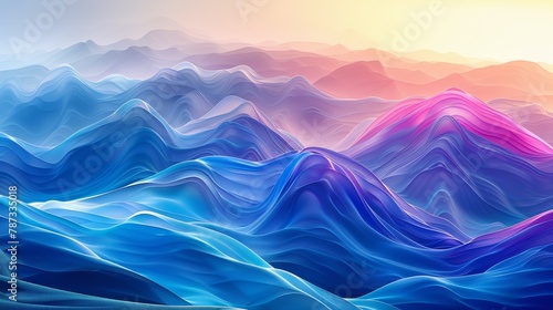 Soothing pastel sunrise over minimalistic 3d abstract landscape with rolling hills