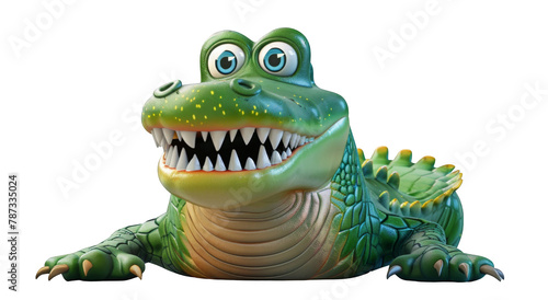 a green and yellow toy alligator with a big smile. transparent background png © LUPACO PNG