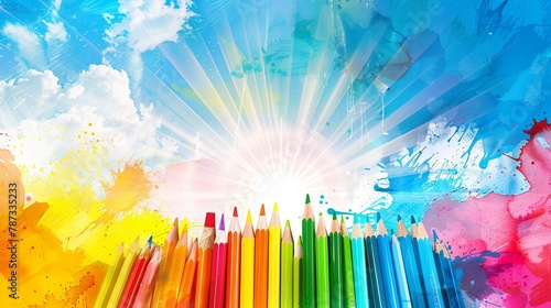 a set of different school items in the center, on the sides there is a background of the sky and sun rays. Abstract background.