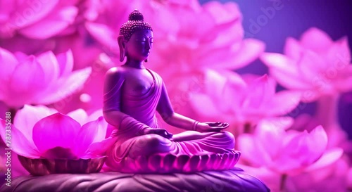 Pink Meditating Gautama Buddha or Avalokitesvara Bodhisattva Statue in Lotus Yoga Position: Seamless Looping Animated Background.
 photo