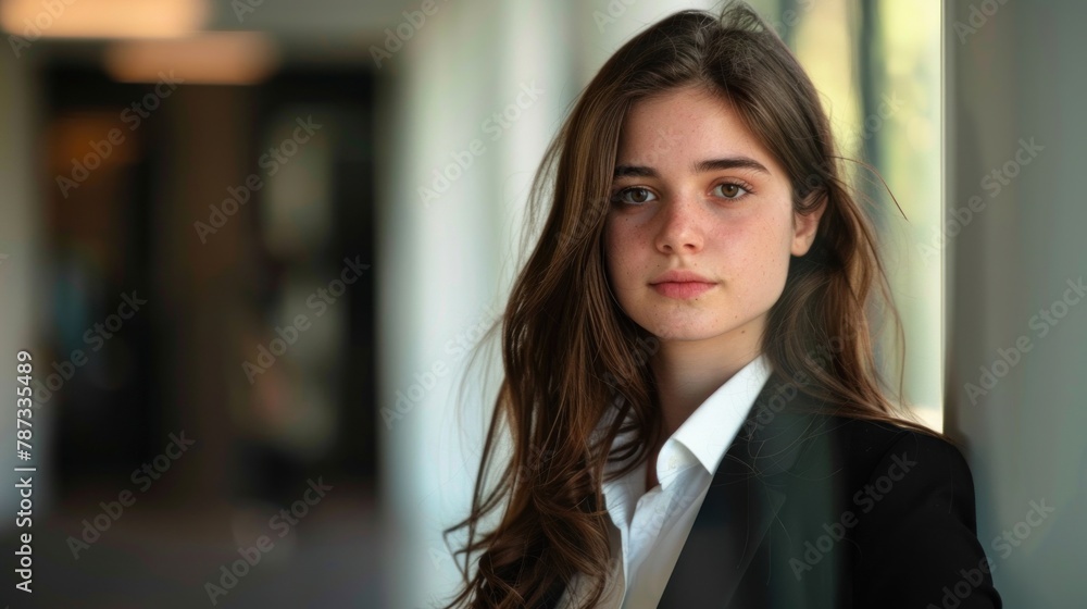 A portrait of a girl in business attire, showcasing professional and corporate fashion. A portrait of a girl in business attire, showcasing professional and corporate fashion.