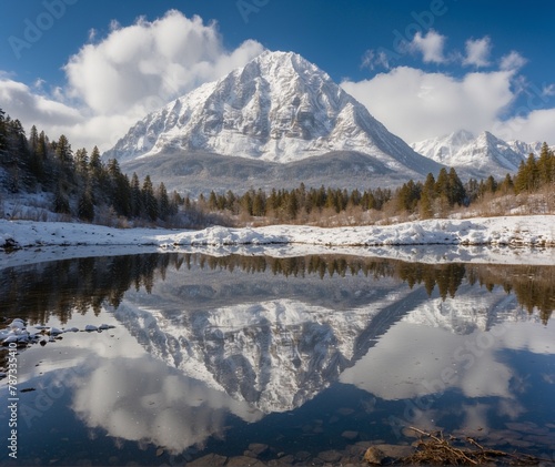 a mountain is reflected in a lake with a mountain in the background