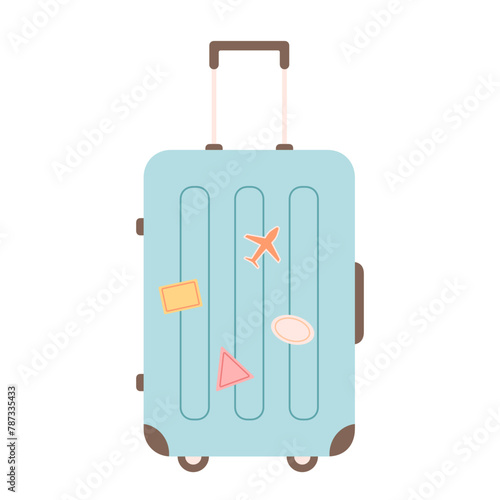 Travel bag, suitcase. Tourist case with stickers. Journey and adventure luggage. Vector illustration in flat style