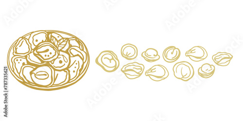 Isolated vector set of meat dumplings. Vareniki. Pelmeni. National dishes. Sketch hand drawn Pelmeni. Ukranian, russian food. Products from the dough and meat.