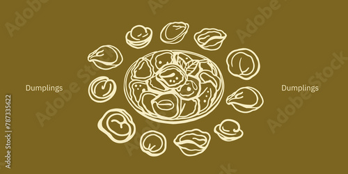 Isolated vector set of meat dumplings. Vareniki. Pelmeni. National dishes. Sketch hand drawn Pelmeni. Ukranian, russian food. Products from the dough and meat.