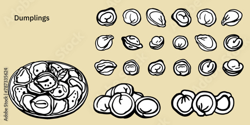 Isolated vector set of meat dumplings. Vareniki. Pelmeni. National dishes. Sketch hand drawn Pelmeni. Ukranian, russian food. Products from the dough and meat.