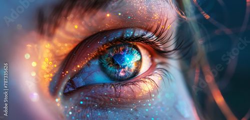 Close-up of a Sparkling Blue Human Eye Cosmic Gaze Stars Cosmic Dust Iris Vision