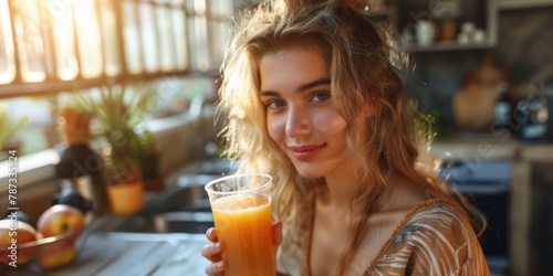 A beautiful young woman drinks juice in her new kitchen early in the morning. Generative AI