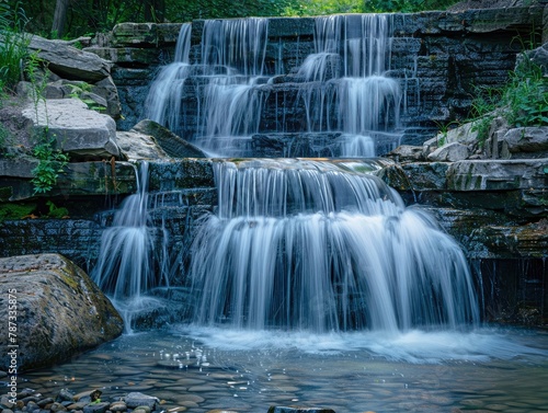Long exposure of a waterfall cascading over smooth rocks, silky water and sense of movement , ultra HD
