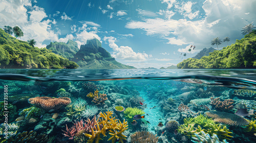 A beautiful underwater scene with a lot of colorful fish and coral. The water is clear and blue, and the sky is cloudy © Kowit