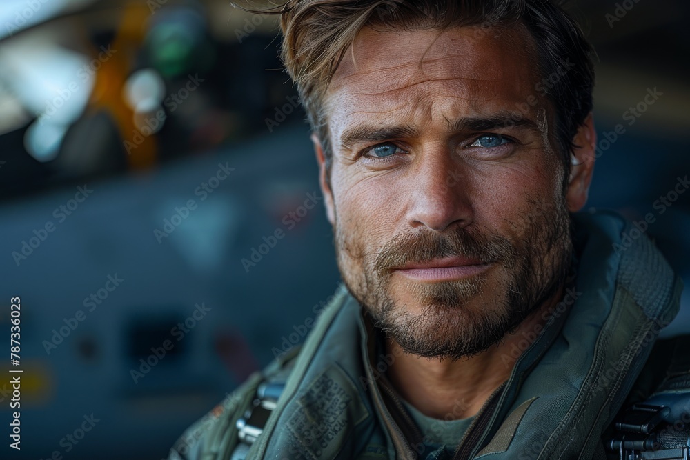 A handsome pilot with an intense gaze stands in front of a fighter jet, showcasing determination and professionalism