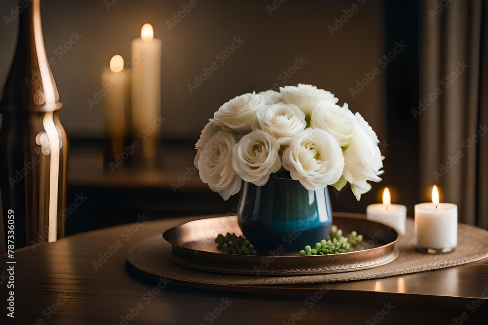 Obraz premium Bouquet of white flowers in a vase, candles on vintage copper tray, wedding home decor on a table