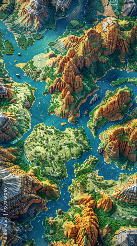 A map of a mountainous area with a river running through it. The mountains are brown and the river is blue A map of a mountainous area with a river running through it. The mountains are brown and the river is blue