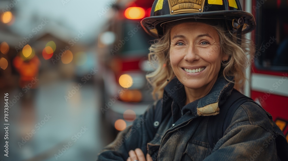 A smiling female firefighter in full gear stands against the background of flashing fire trucks A smiling female firefighter in full gear stands against the background of flashing fire trucks