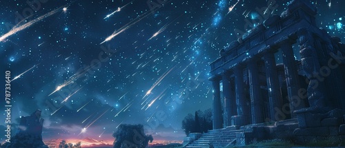 Meteor shower streaking across a starry sky above a historic monument, blending the ancient and the celestial , 3D style photo
