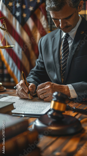 A man in a suit is writing on a piece of paper. He is wearing a tie and is sitting at a desk with a book and a gavel. Concept of formality and professionalism