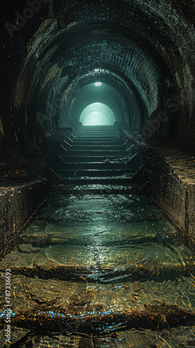 A dark tunnel with a staircase leading down. The water is murky and the light is dim. Scene is eerie and mysterious