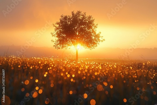 Misty meadow at dawn  dewdrops sparkling on grass  lone tree silhouetted against the rising sun   ultra HD
