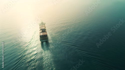Aerial front view of a container cargo vessel traveling over the ocean with copy space as a banner : Generative AI