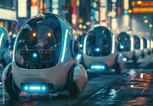 A group of small robots with blue LED lights on their wheels drove along the city street, lined up in rows like little cars and trucks.