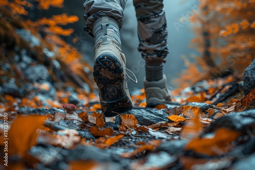 Close-up of a hiker's boots stepping on fallen leaves, representing exploration and adventure