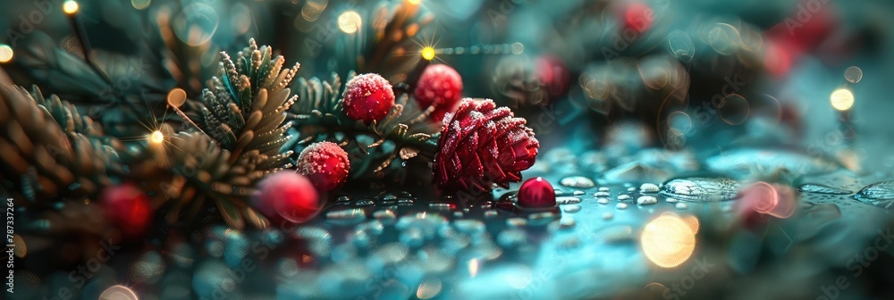 Festive background with pine cones, red berries, and dew drops on blue.