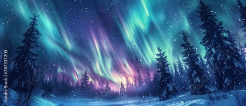 Northern Lights dancing above a snowcovered forest, vibrant greens and purples against a starry sky , ultra HD photo