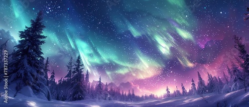 Northern Lights dancing above a snowcovered forest, vibrant greens and purples against a starry sky , ultra HD