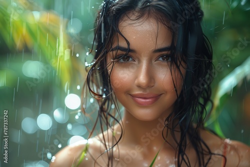 Beautiful young woman's portrait with water droplets on her skin amidst tropical rain and greenery