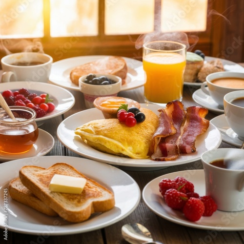 Breakfast. Plate with berries, pancakes, eggs omelette, bacon, toast. Coffee cup and orange glass juice.