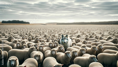 The landscape is densely populated by a large herd of sheep, and a wolf stands out prominently from the flock, distinguished by its contrasting fur and piercing blue eyes. The art of deception.AI gene