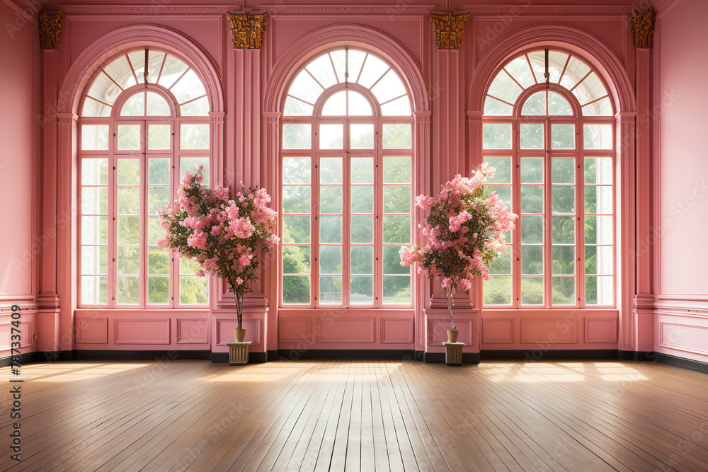 huge empty pink room interior with parquet and pink walls and big windows 