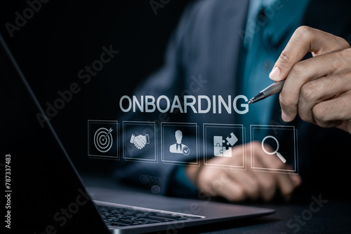 Onboarding new employee process concept. Human resources business to introduce newly hired employee into an organization with behavior, welcome, knowledge, and skills.