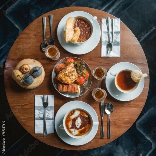 Morning Breakfast. Plates with food. Coffee and tes cups.