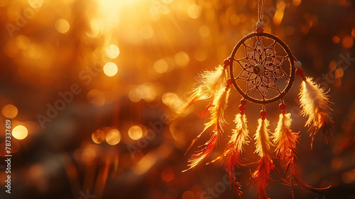 In forest's embrace, dream catcher captures warm light, inviting peaceful dreams.
