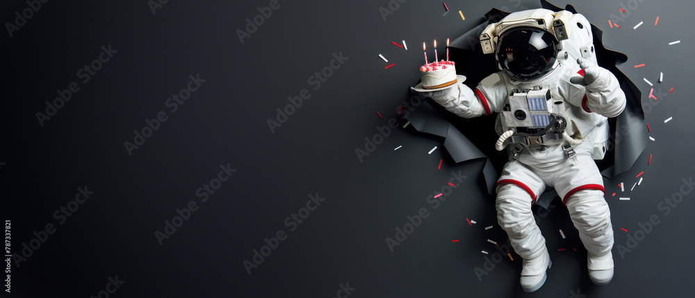 A weightless astronaut holds a birthday cake with candles, set against a monochromatic background