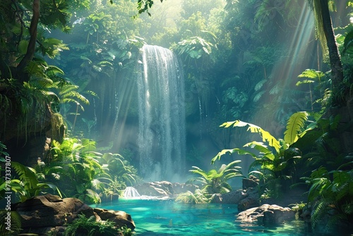 Powerful waterfall plunging into a turquoise pool surrounded by lush ferns  sunlight filtering through the mist   high-resolution