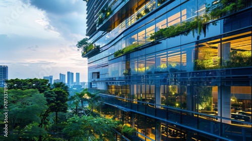 a sustainable energy-efficient office building in a modern city