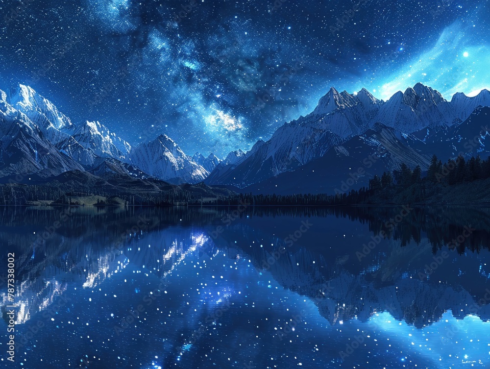 Reflection of a starry night sky in a perfectly still alpine lake, mirroring the heavens , 3D style