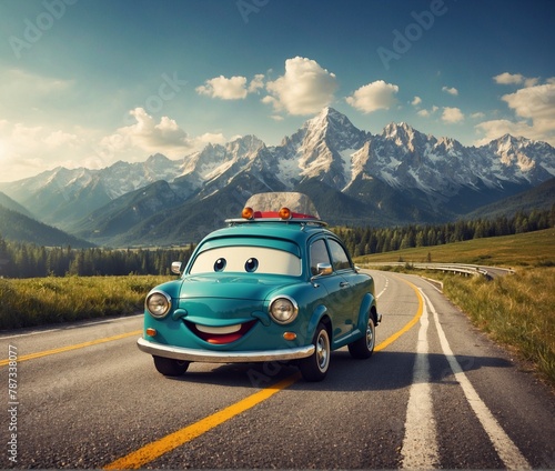 car mascot with a blue car with a smiley face on the front is driving on a road